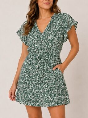 Goodthreads Green Floral V-Neck Tie-Waist Mini Dress